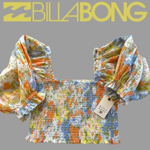 BILLABONG Feeling Groovy Smocked Puff Sleeve Crop Top NWT L - Picture 7 of 10